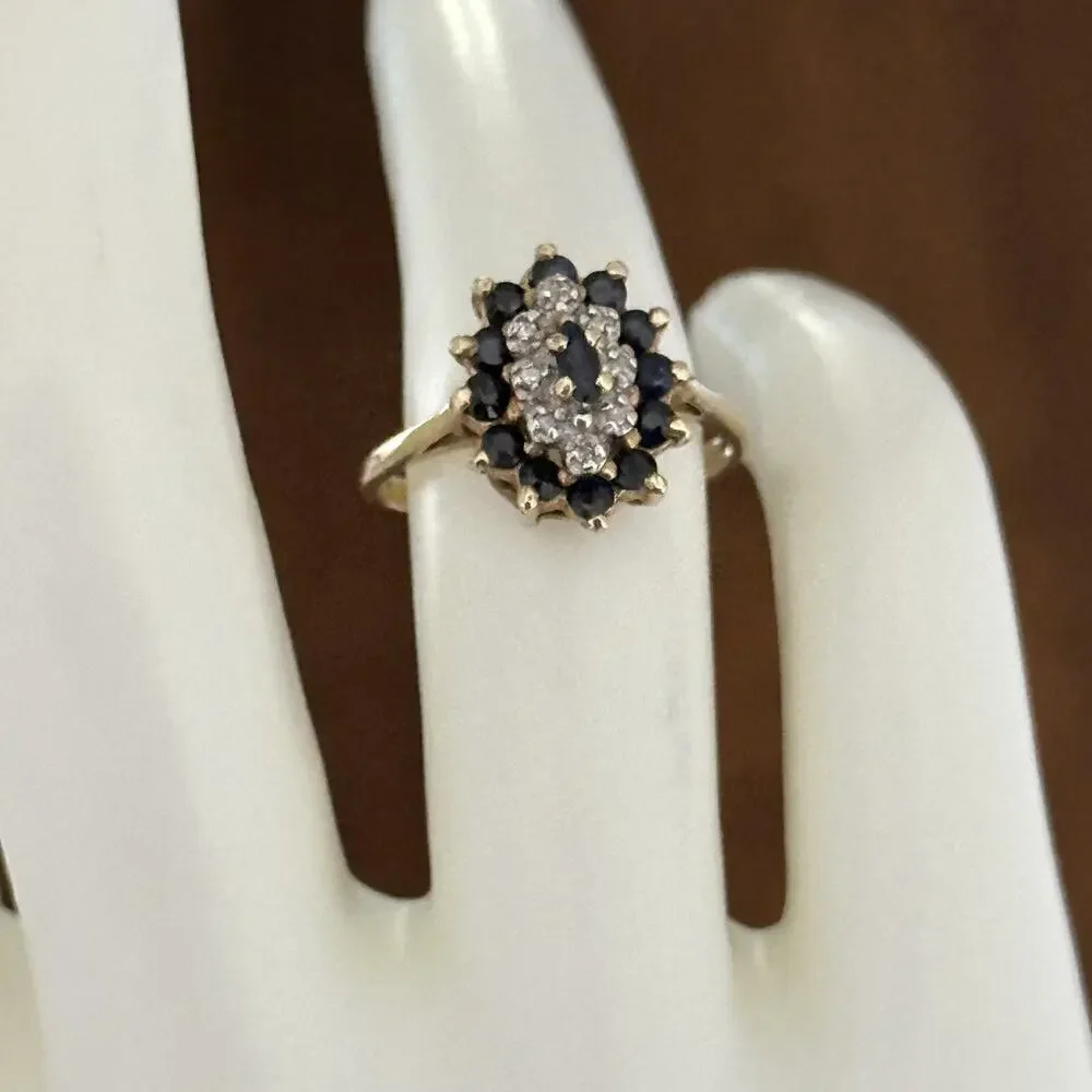 Vintage 10K Yellow Gold Sapphire & Diamond Halo Cluster Ladies Band Ring Size 6